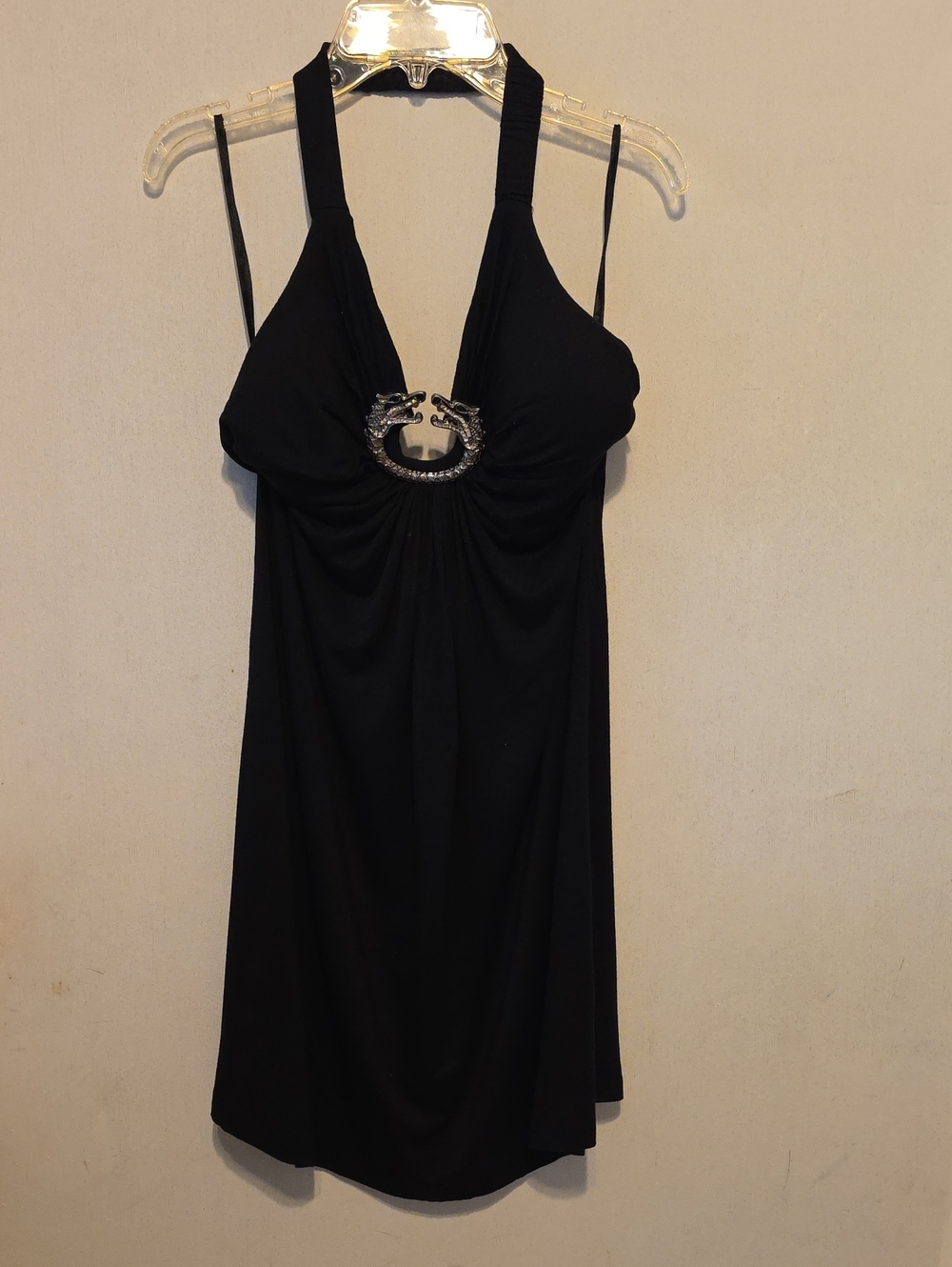 Black Halter Mini Dress with Decorative Silver Buckle